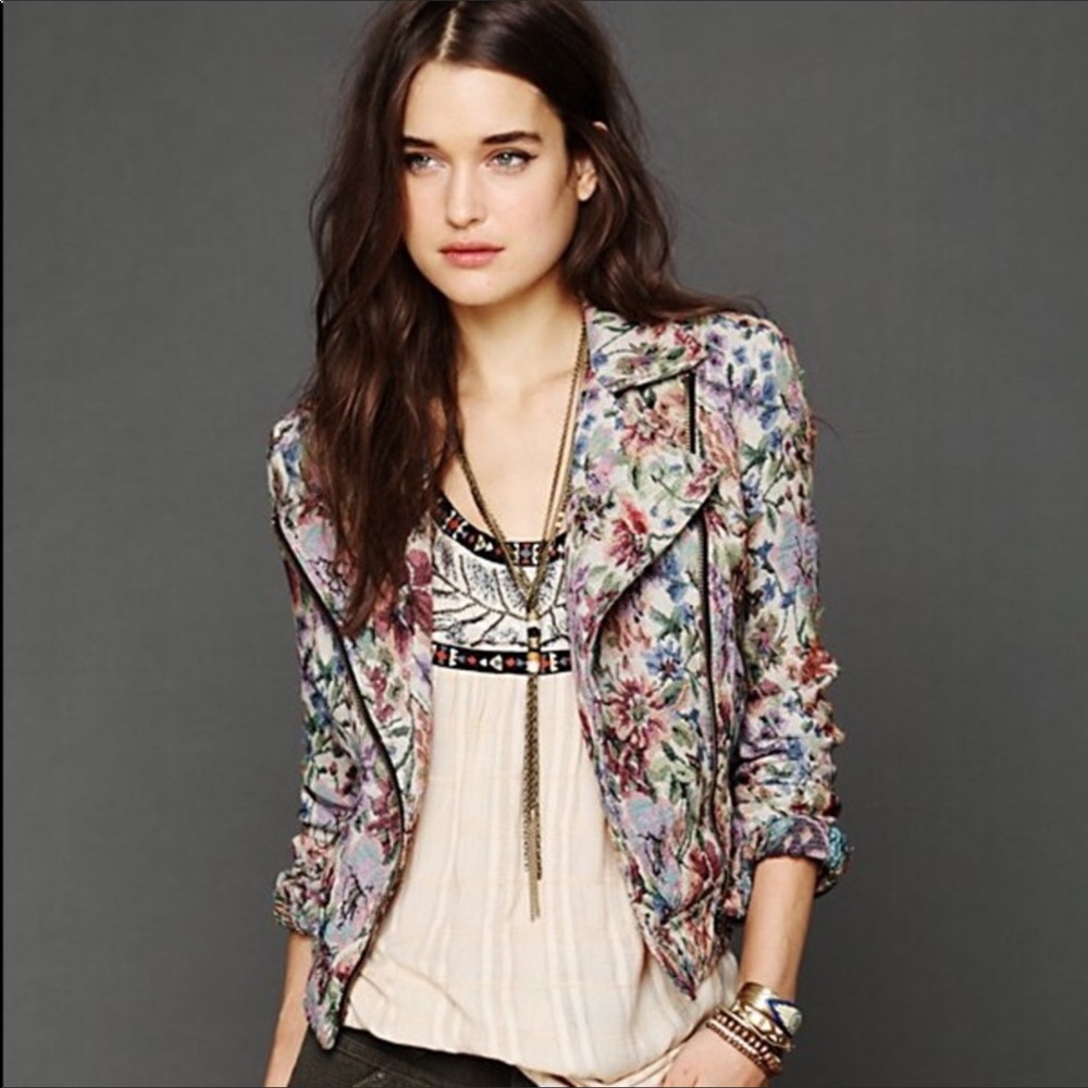 Free People tapestry distressed moto jacket size 8